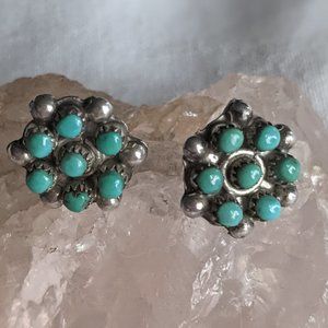 Old Zuni Sterling Silver Petit Point Snake Eyes Turquoise Post Earrings